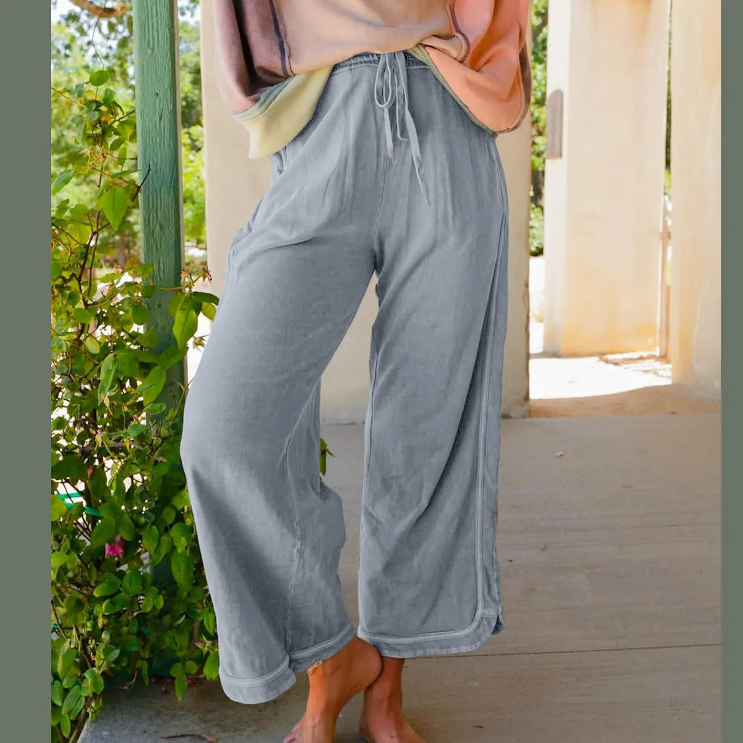 Hixiaohe Women's Casual Wide Leg Sweatpants High Waist Baggy Acid Wash Pants Drawstring Athletic Palazzo Pants with Pockets