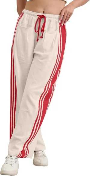 Hudson Canyon Striped Pants for Women Wide Leg Drawstring Waist High Rise Pant Baggy Casual Trousers with Pockets