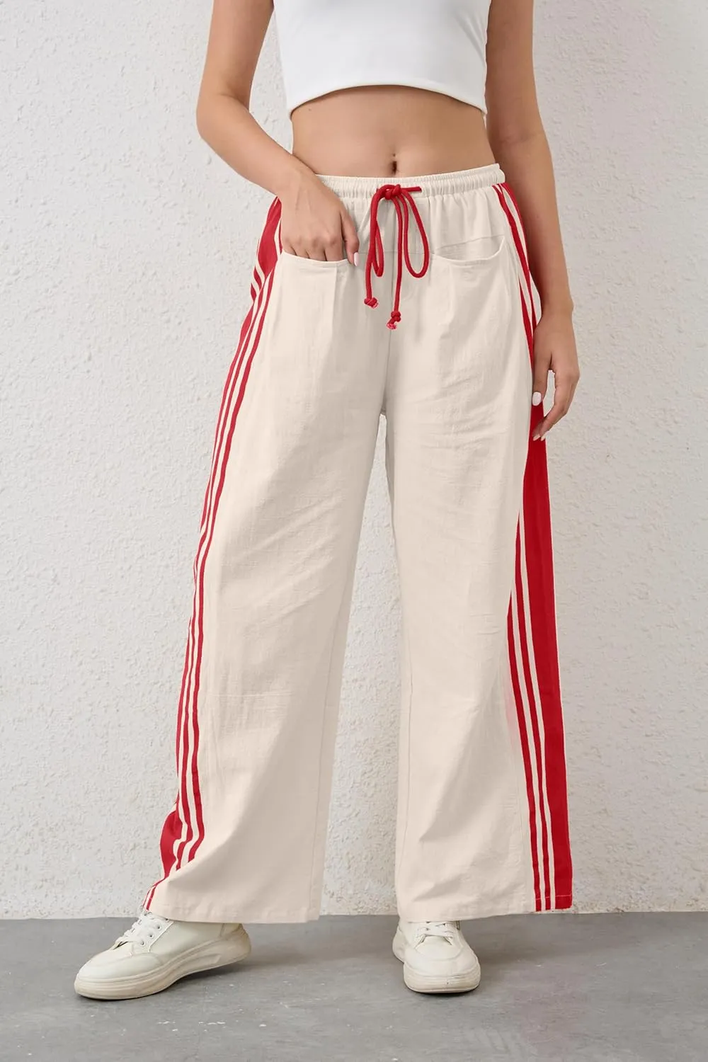 Hudson Canyon Striped Pants for Women Wide Leg Drawstring Waist High Rise Pant Baggy Casual Trousers with Pockets