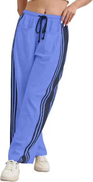 Hudson Canyon Striped Pants for Women Wide Leg Drawstring Waist High Rise Pant Baggy Casual Trousers with Pockets