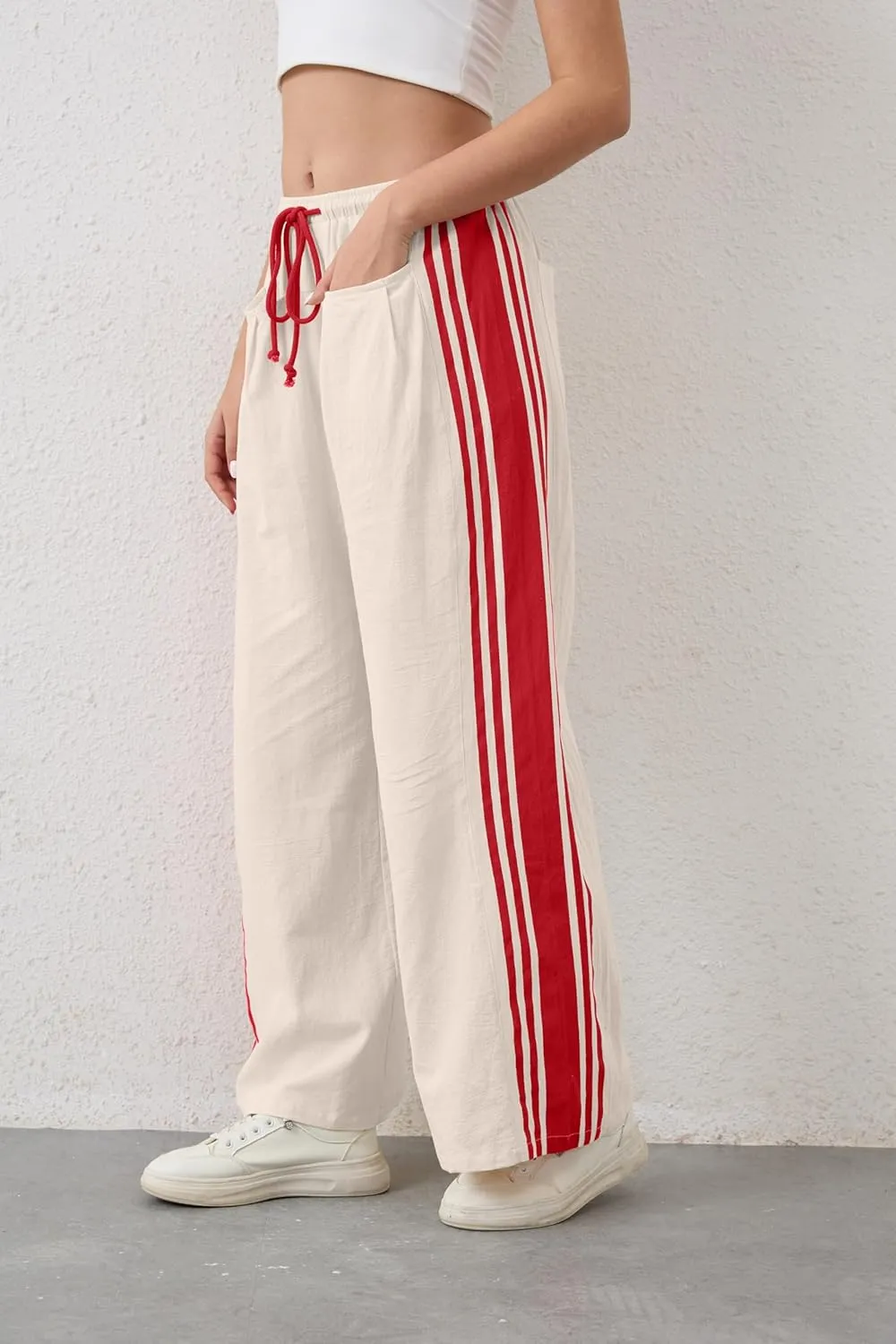 Hudson Canyon Striped Pants for Women Wide Leg Drawstring Waist High Rise Pant Baggy Casual Trousers with Pockets