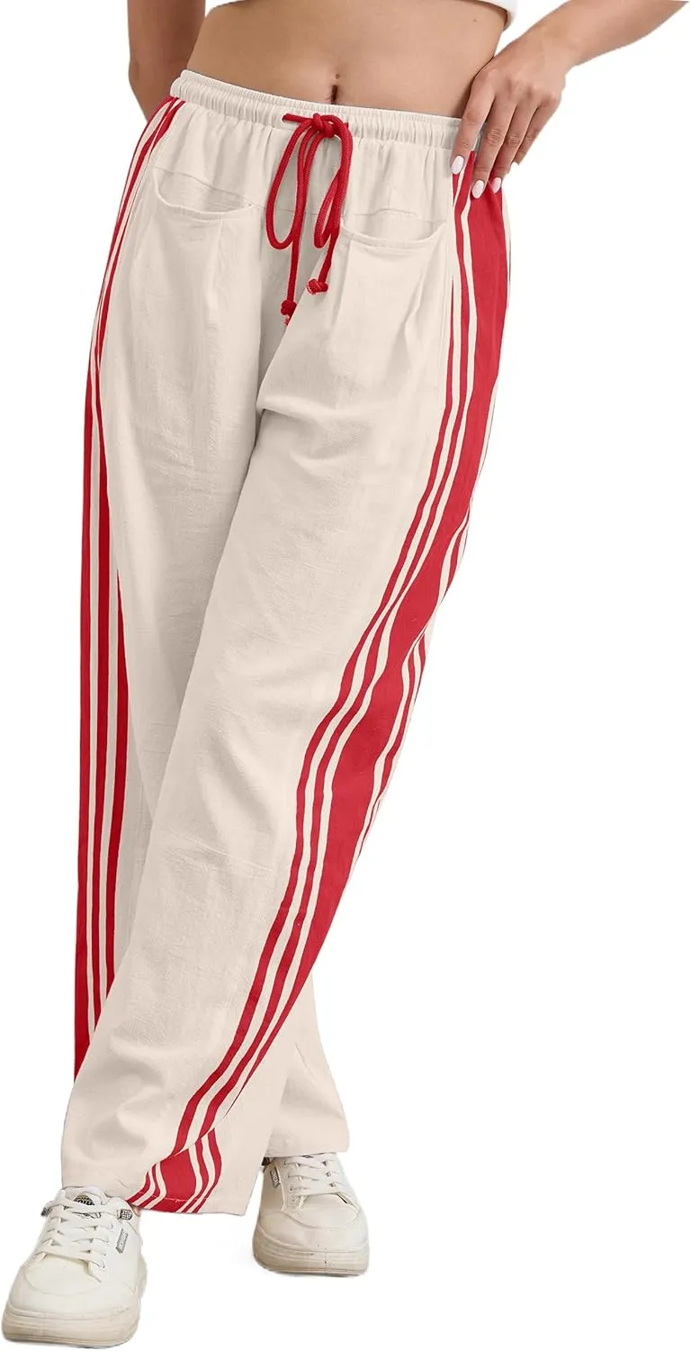 Hudson Canyon Striped Pants for Women Wide Leg Drawstring Waist High Rise Pant Baggy Casual Trousers with Pockets