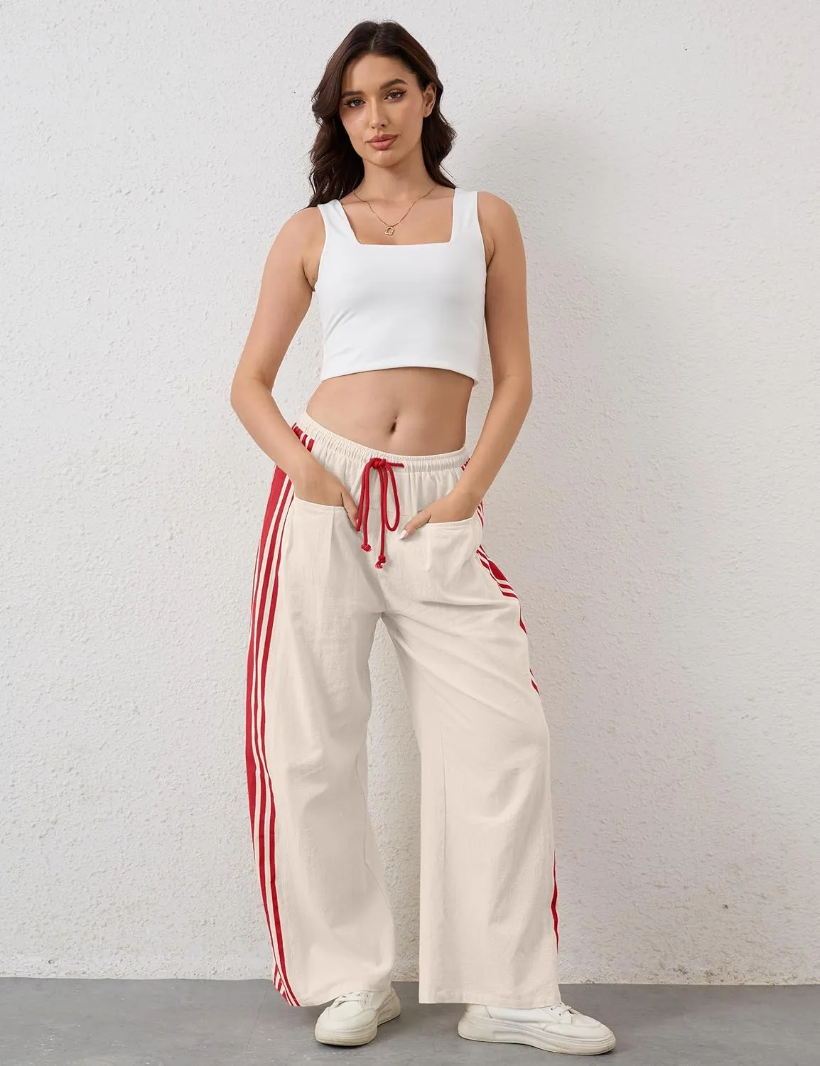 Hudson Canyon Striped Pants for Women Wide Leg Drawstring Waist High Rise Pant Baggy Casual Trousers with Pockets