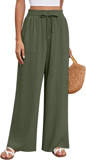 Huukeay Women's Linen Wide Leg Pants, High Waist Flowy Palazzo Pants with Pockets Drawstring Summer Casual Work Trousers