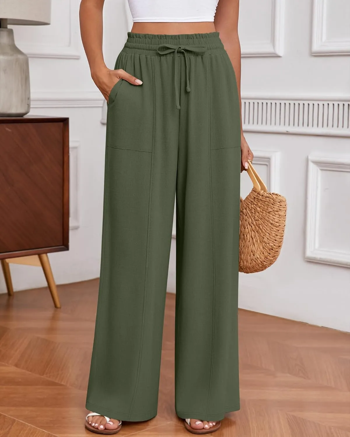 Huukeay Women's Linen Wide Leg Pants, High Waist Flowy Palazzo Pants with Pockets Drawstring Summer Casual Work Trousers