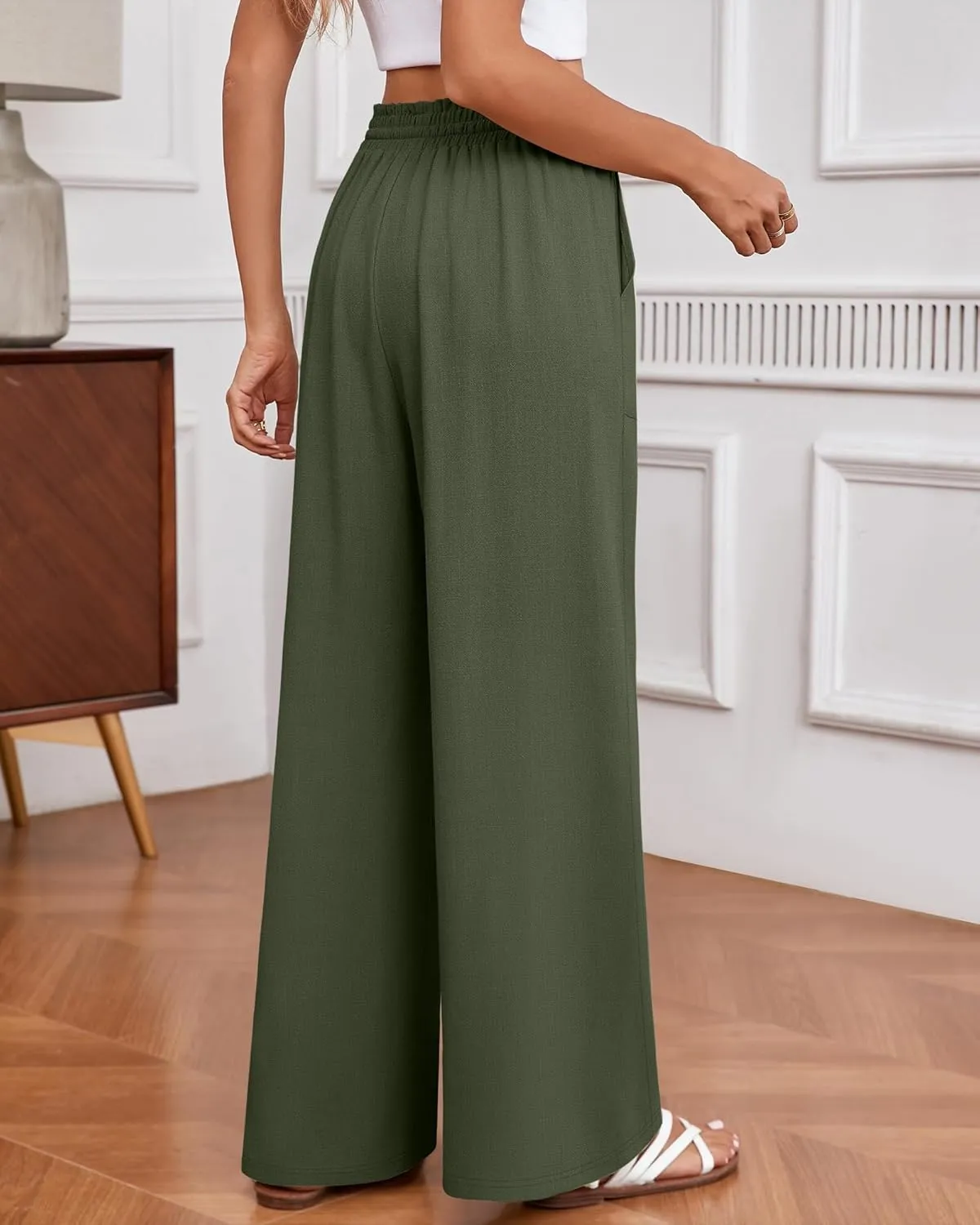 Huukeay Women's Linen Wide Leg Pants, High Waist Flowy Palazzo Pants with Pockets Drawstring Summer Casual Work Trousers