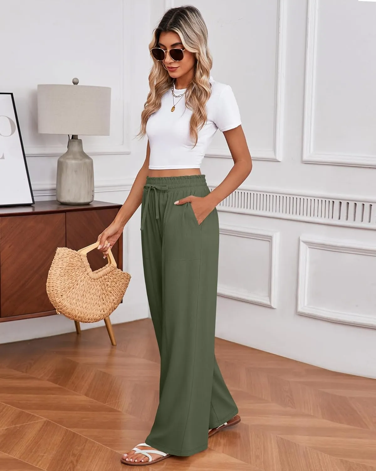 Huukeay Women's Linen Wide Leg Pants, High Waist Flowy Palazzo Pants with Pockets Drawstring Summer Casual Work Trousers