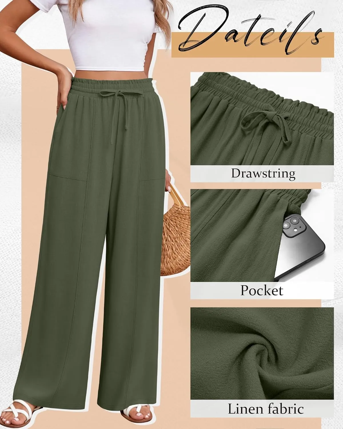 Huukeay Women's Linen Wide Leg Pants, High Waist Flowy Palazzo Pants with Pockets Drawstring Summer Casual Work Trousers