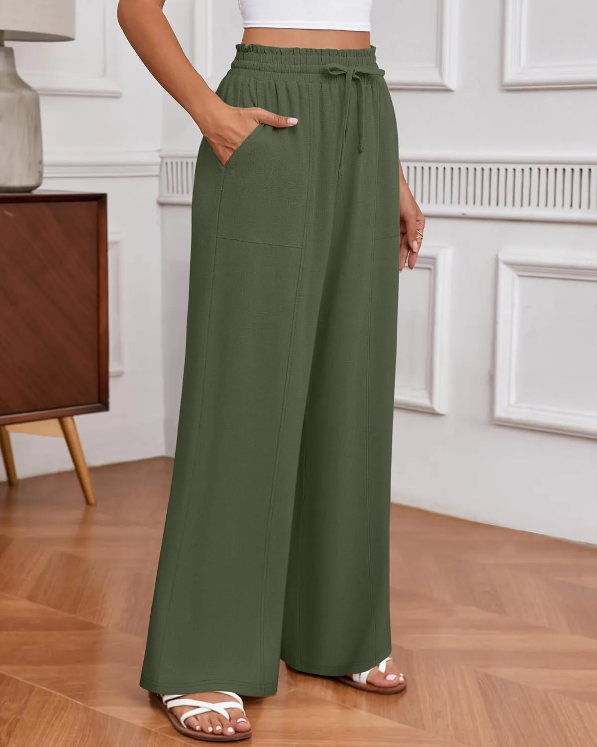 Huukeay Women's Linen Wide Leg Pants, High Waist Flowy Palazzo Pants with Pockets Drawstring Summer Casual Work Trousers