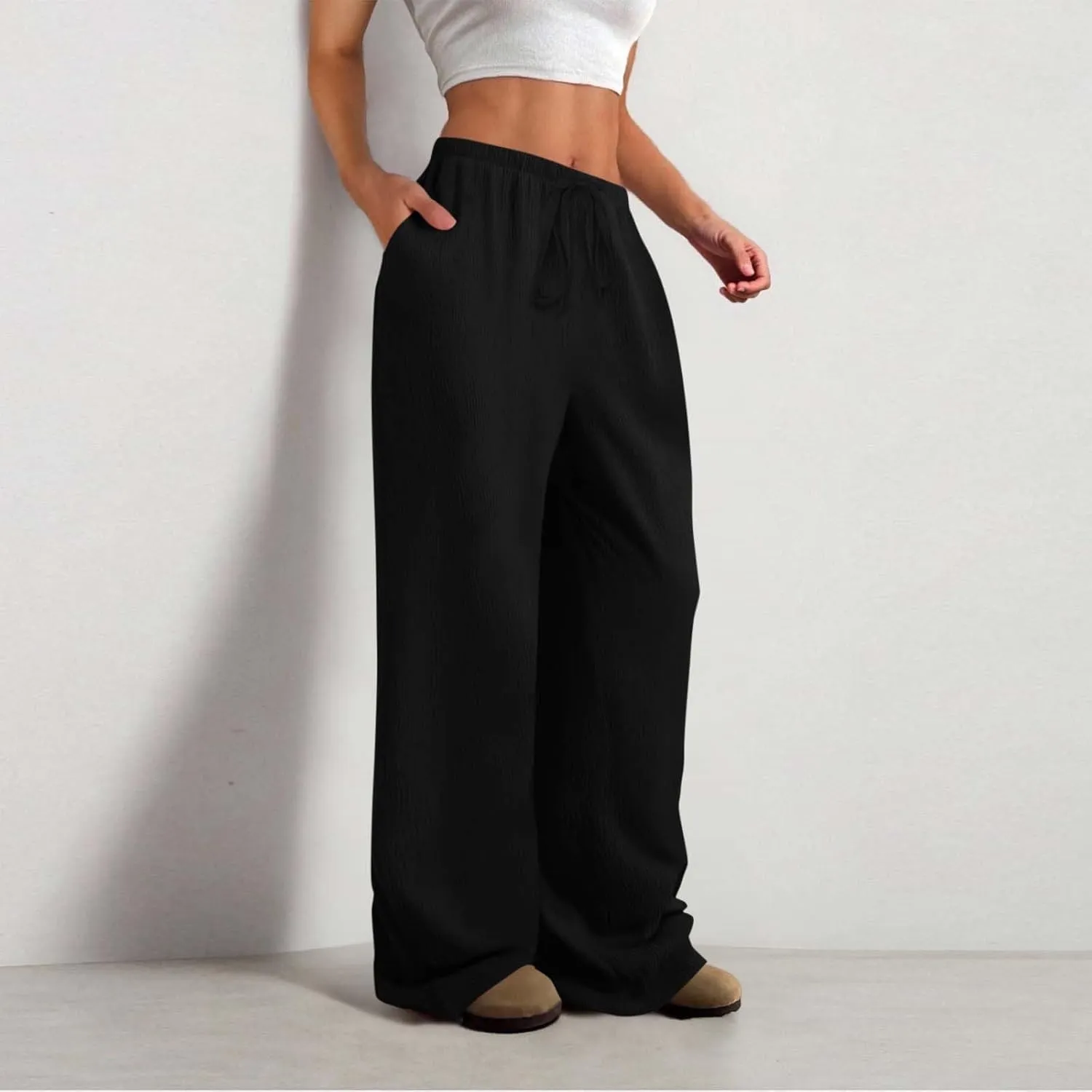 Hvyesh Casual Palazzo Pants for Women Baggy Wide Leg Summer Long Womens Trousers High Waisted Drawstring