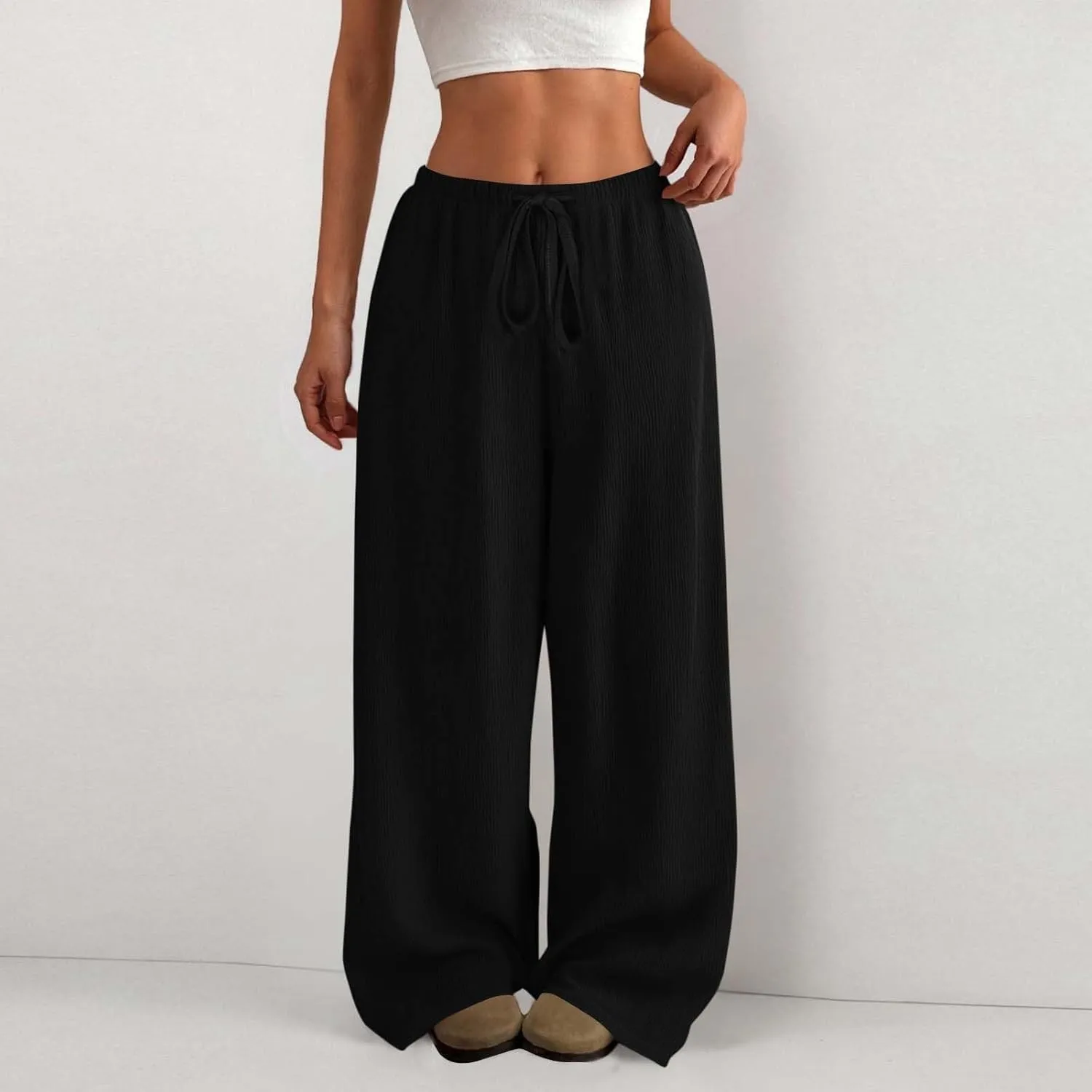 Hvyesh Casual Palazzo Pants for Women Baggy Wide Leg Summer Long Womens Trousers High Waisted Drawstring