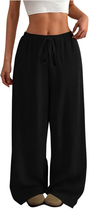 Hvyesh Casual Palazzo Pants for Women Baggy Wide Leg Summer Long Womens Trousers High Waisted Drawstring