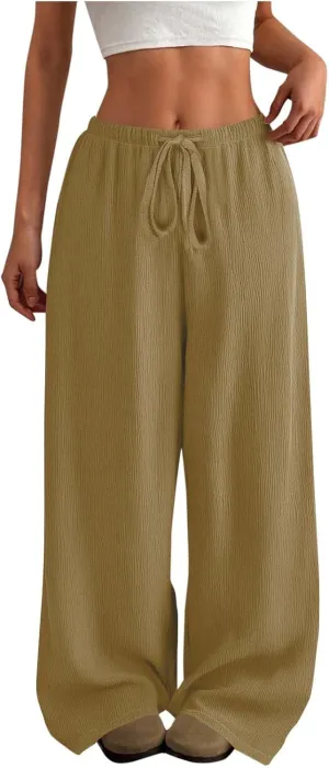 Hvyesh Casual Palazzo Pants for Women Baggy Wide Leg Summer Long Womens Trousers High Waisted Drawstring