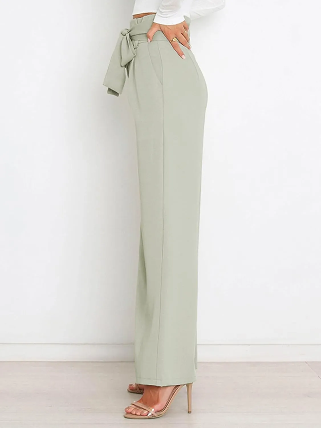 IFFEI Women's Wide Leg Pants with Pockets Business Casual Trousers High Waist with Adjustable Belt