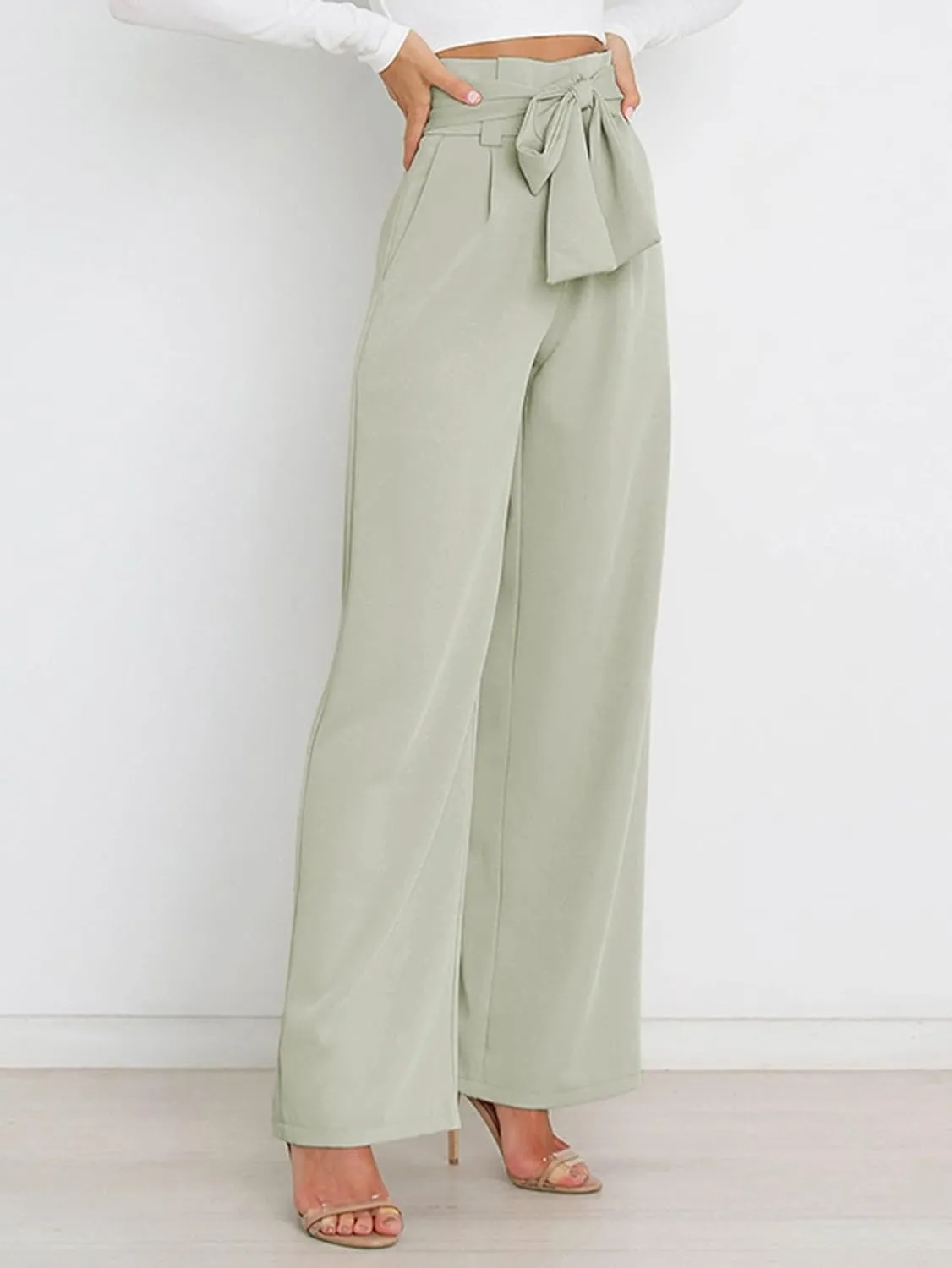 IFFEI Women's Wide Leg Pants with Pockets Business Casual Trousers High Waist with Adjustable Belt