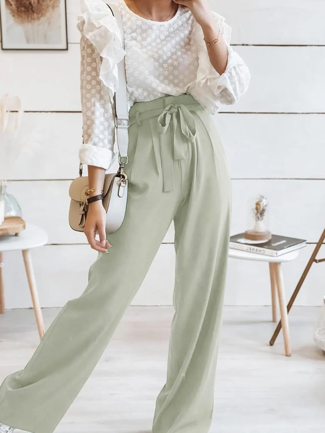 IFFEI Women's Wide Leg Pants with Pockets Business Casual Trousers High Waist with Adjustable Belt