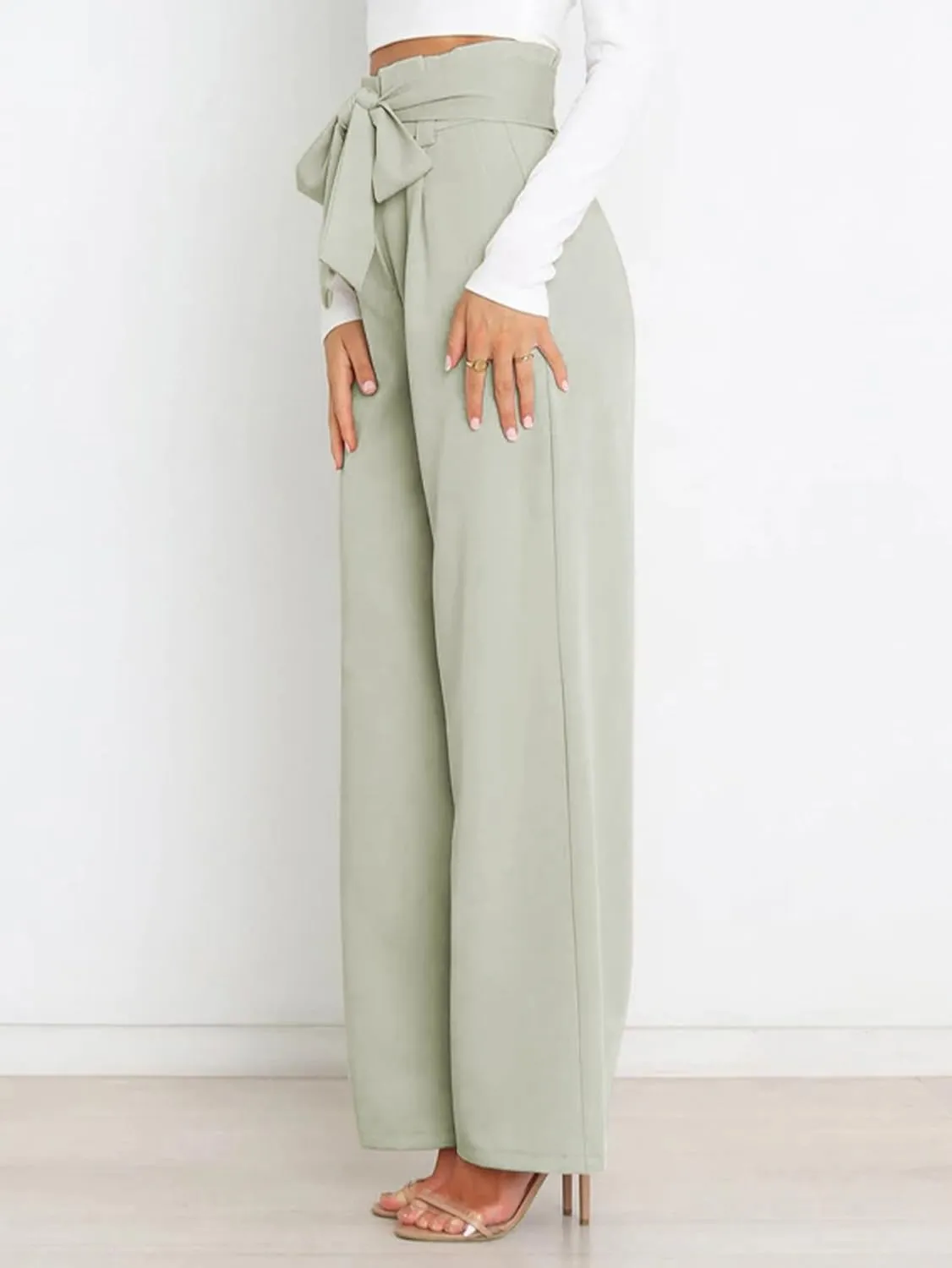IFFEI Women's Wide Leg Pants with Pockets Business Casual Trousers High Waist with Adjustable Belt