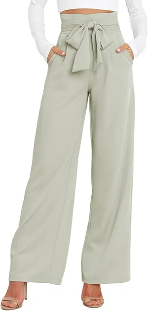 IFFEI Women's Wide Leg Pants with Pockets Business Casual Trousers High Waist with Adjustable Belt