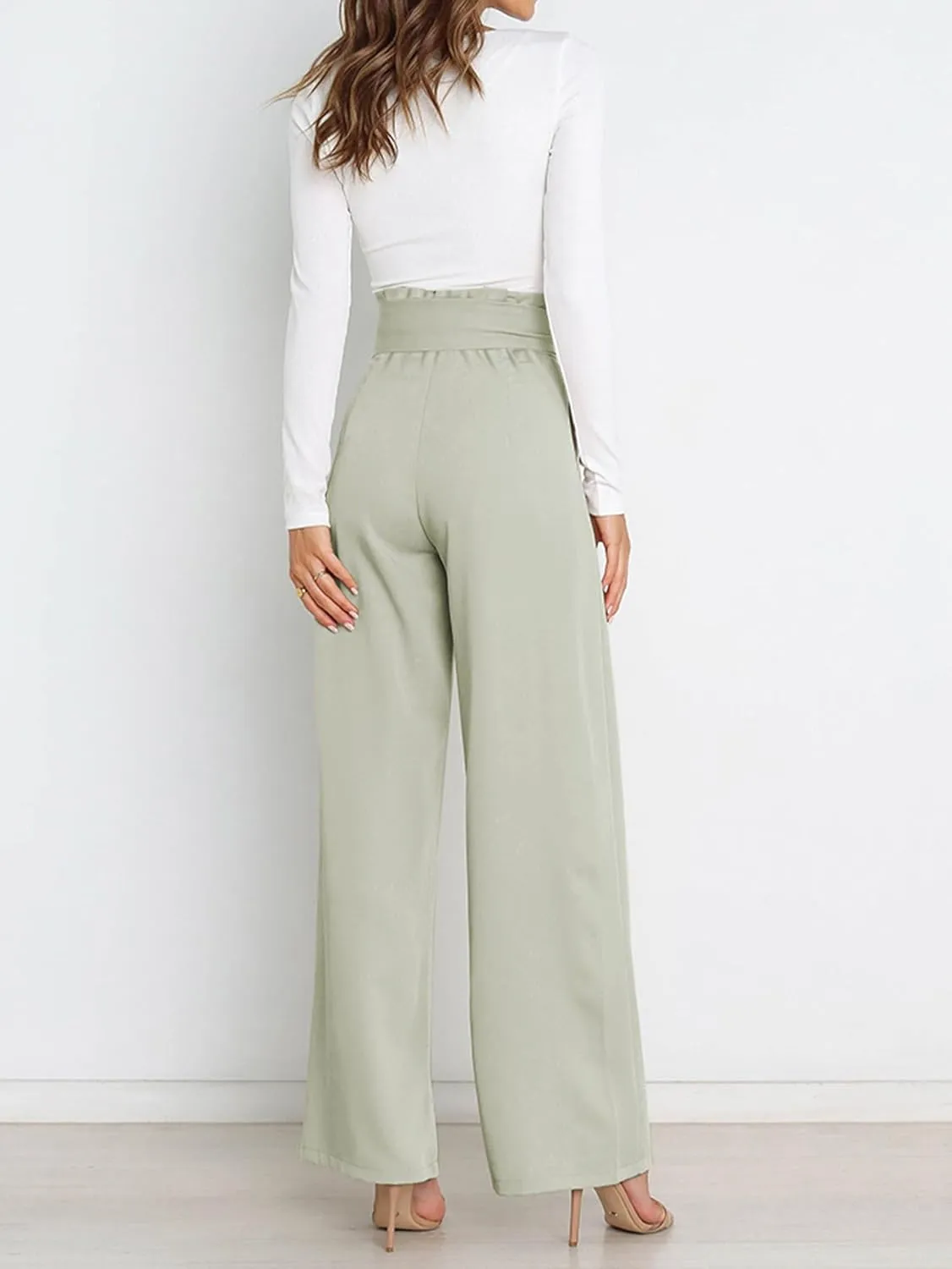 IFFEI Women's Wide Leg Pants with Pockets Business Casual Trousers High Waist with Adjustable Belt