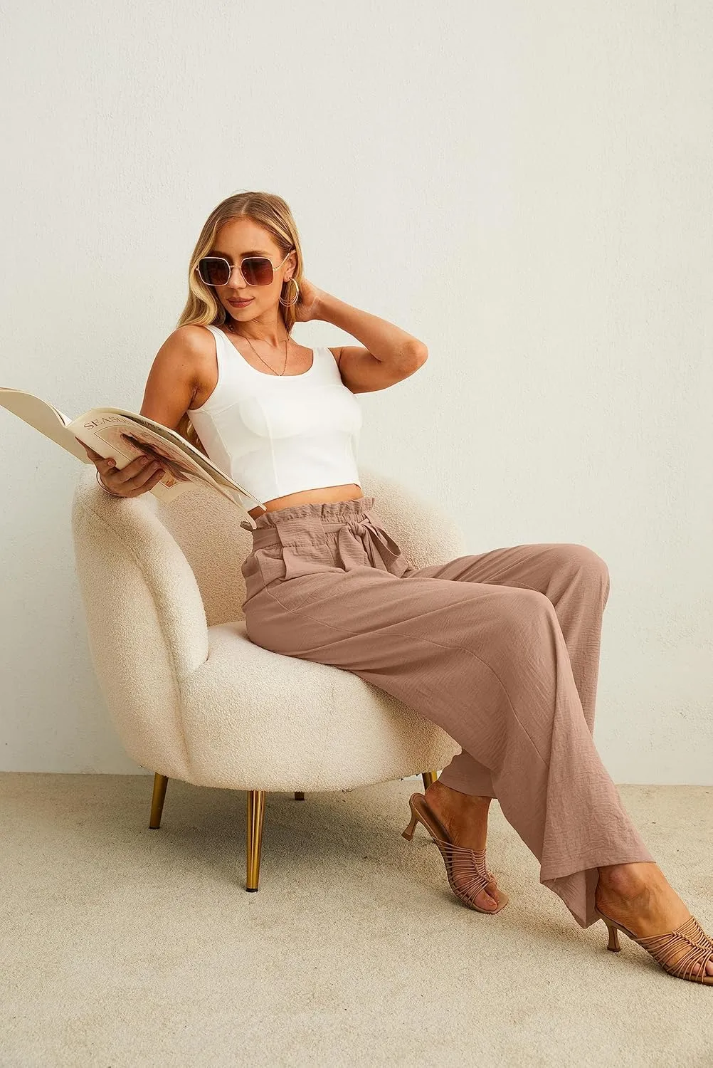 IWOLLENCE Women's Wide Leg Pants with Pockets High Waist Adjustable Knot Loose Casual Trousers Business Work Casual Pants
