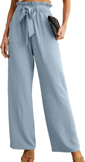 IWOLLENCE Women's Wide Leg Pants with Pockets High Waist Adjustable Knot Loose Casual Trousers Business Work Casual Pants