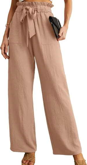 IWOLLENCE Women's Wide Leg Pants with Pockets High Waist Adjustable Knot Loose Casual Trousers Business Work Casual Pants