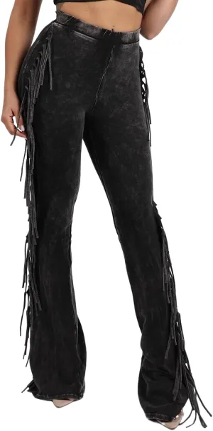 KANSOON Flared Leggings Women High Waisted Tassels Side Washed Distressed Stretch Slim Fringe Bootcut Workout Pants Black M