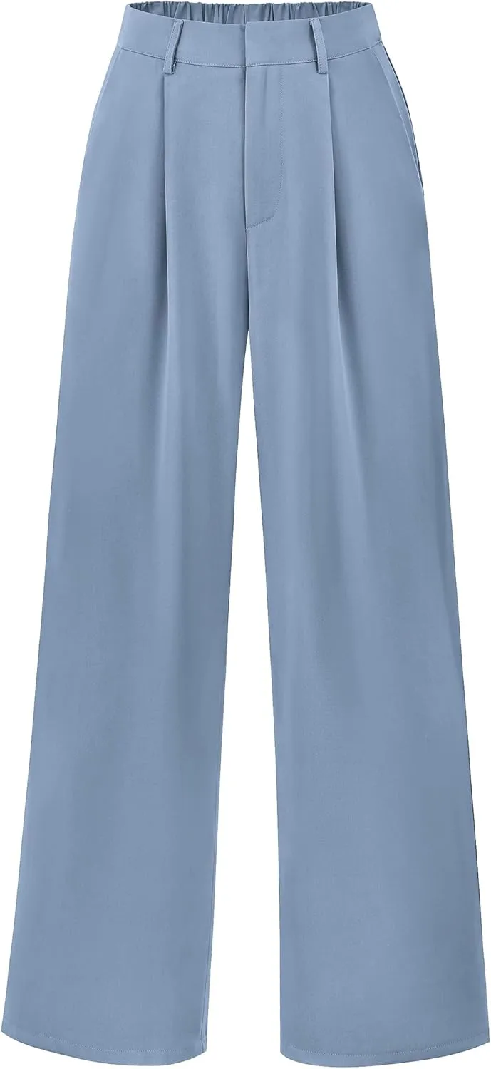 KIRUNDO Women's Elastic High Waisted Wide Leg Dress Pants Loose Fit Pleated Front Business Casual Work Pants Trousers