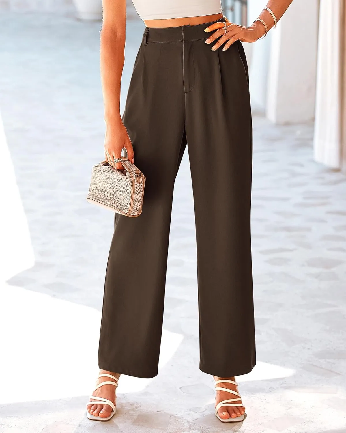 KIRUNDO Women's Elastic High Waisted Wide Leg Dress Pants Loose Fit Pleated Front Business Casual Work Pants Trousers