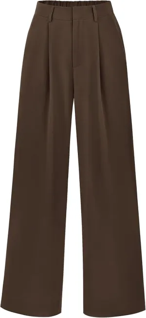 KIRUNDO Women's Elastic High Waisted Wide Leg Dress Pants Loose Fit Pleated Front Business Casual Work Pants Trousers