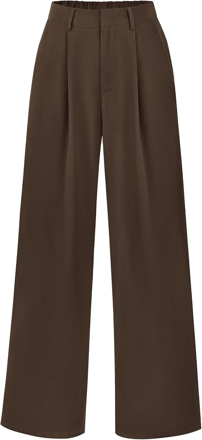 KIRUNDO Women's Elastic High Waisted Wide Leg Dress Pants Loose Fit Pleated Front Business Casual Work Pants Trousers
