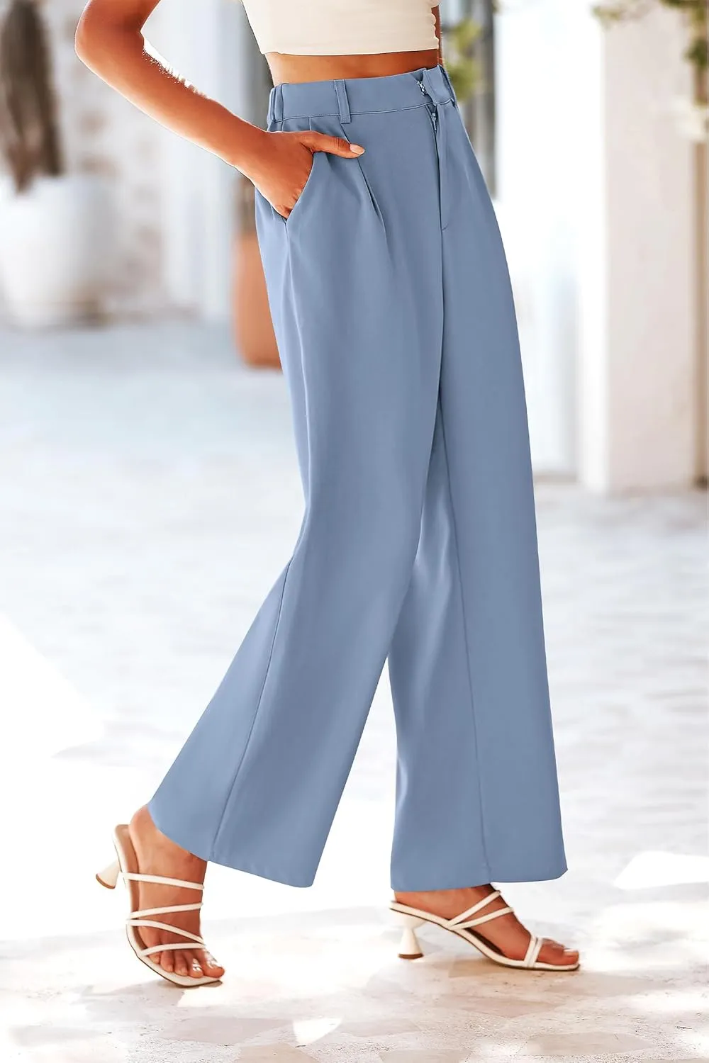 KIRUNDO Women's Elastic High Waisted Wide Leg Dress Pants Loose Fit Pleated Front Business Casual Work Pants Trousers