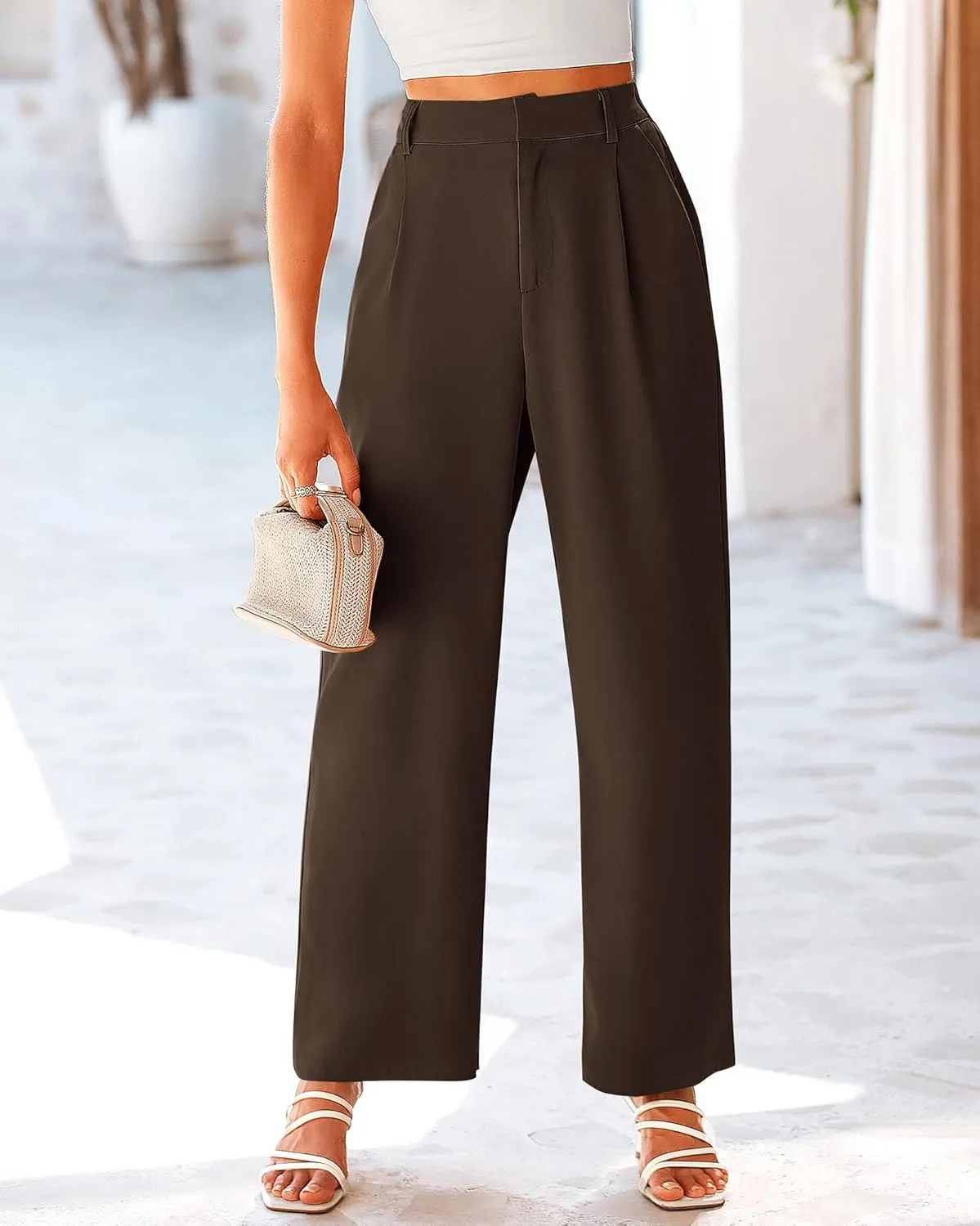 KIRUNDO Women's Elastic High Waisted Wide Leg Dress Pants Loose Fit Pleated Front Business Casual Work Pants Trousers