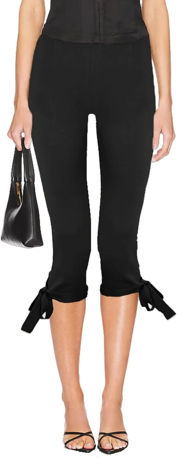 KMBANGI Women Skinny Capri Leggings Bow Tie Up Knee Length Capris Pants Sexy Stretchy Slim Fit Cropped Trousers