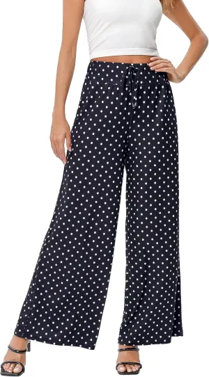 KOJOOIN Women's Wide Leg Pants Casual Palazzo Summer Flowy Pants Elastic High Waist Lounge Drawstring Long Trousers for Women