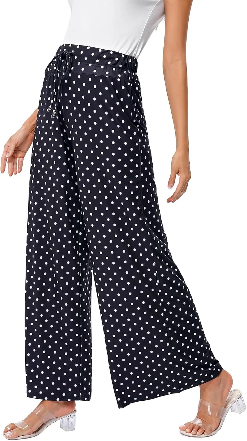 KOJOOIN Women's Wide Leg Pants Casual Palazzo Summer Flowy Pants Elastic High Waist Lounge Drawstring Long Trousers for Women