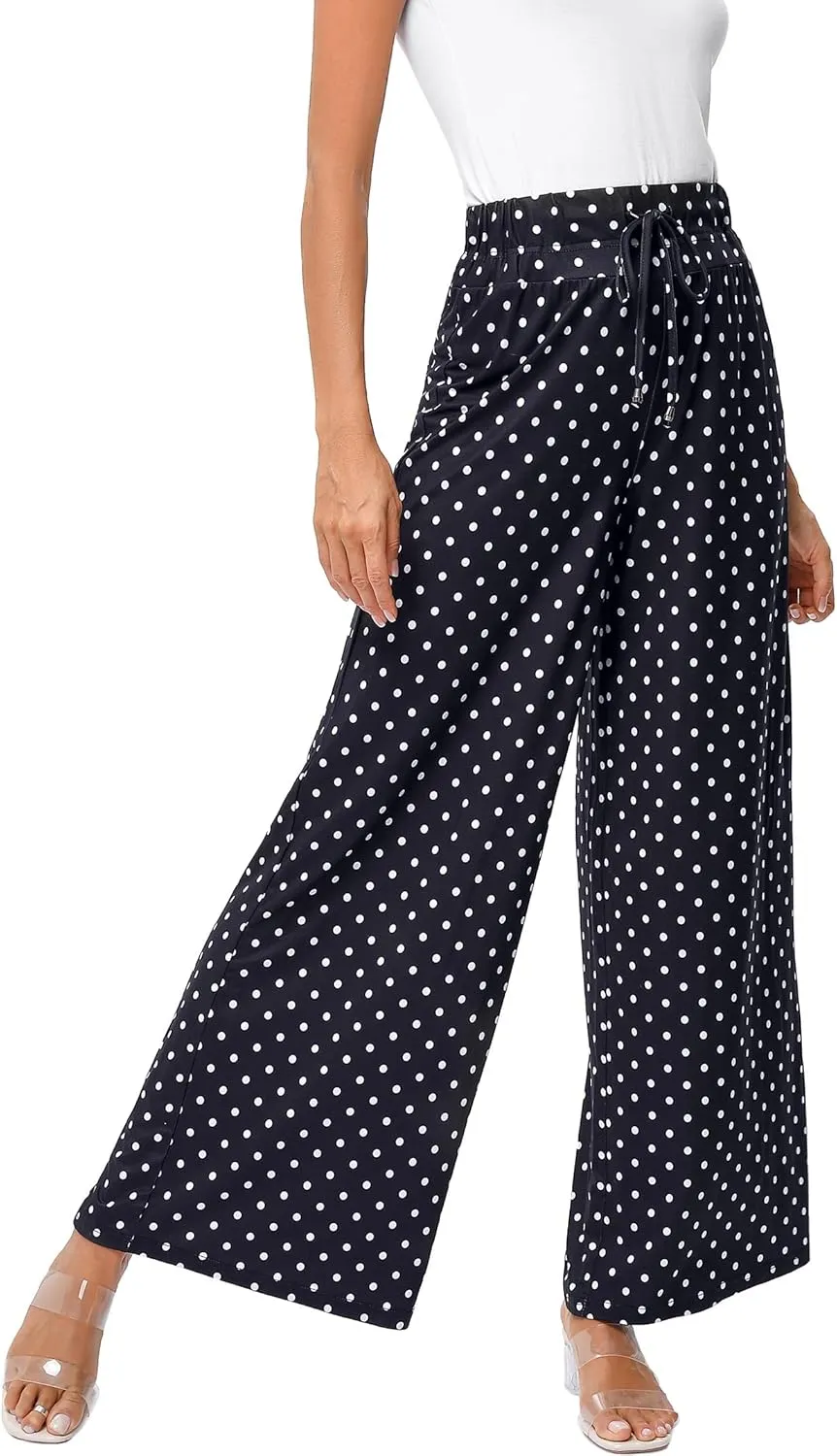 KOJOOIN Women's Wide Leg Pants Casual Palazzo Summer Flowy Pants Elastic High Waist Lounge Drawstring Long Trousers for Women