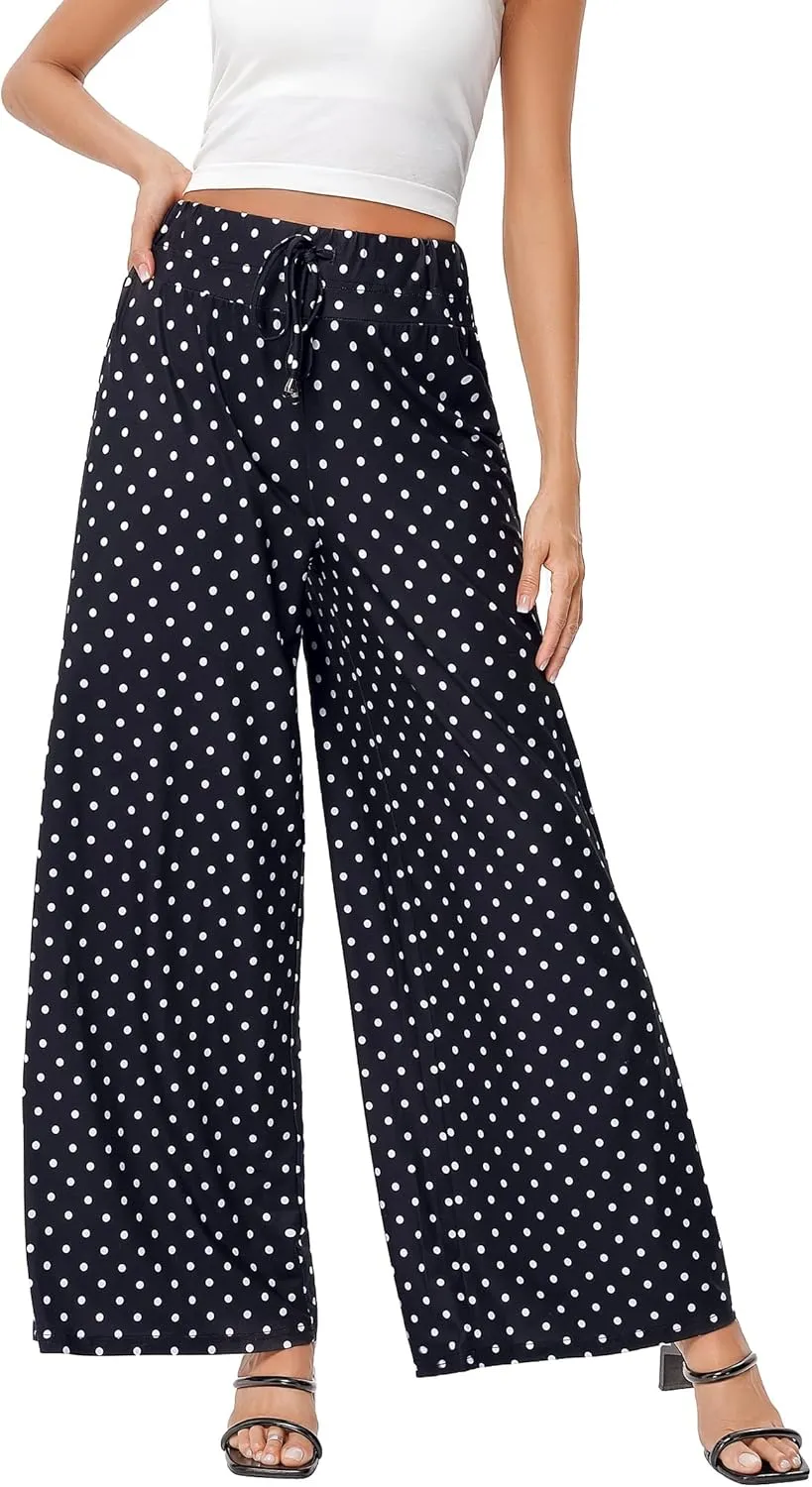 KOJOOIN Women's Wide Leg Pants Casual Palazzo Summer Flowy Pants Elastic High Waist Lounge Drawstring Long Trousers for Women