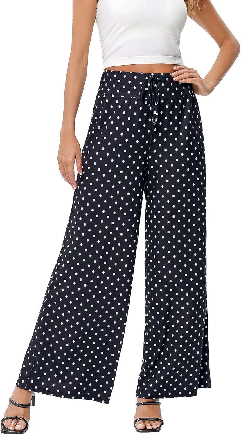 KOJOOIN Women's Wide Leg Pants Casual Palazzo Summer Flowy Pants Elastic High Waist Lounge Drawstring Long Trousers for Women