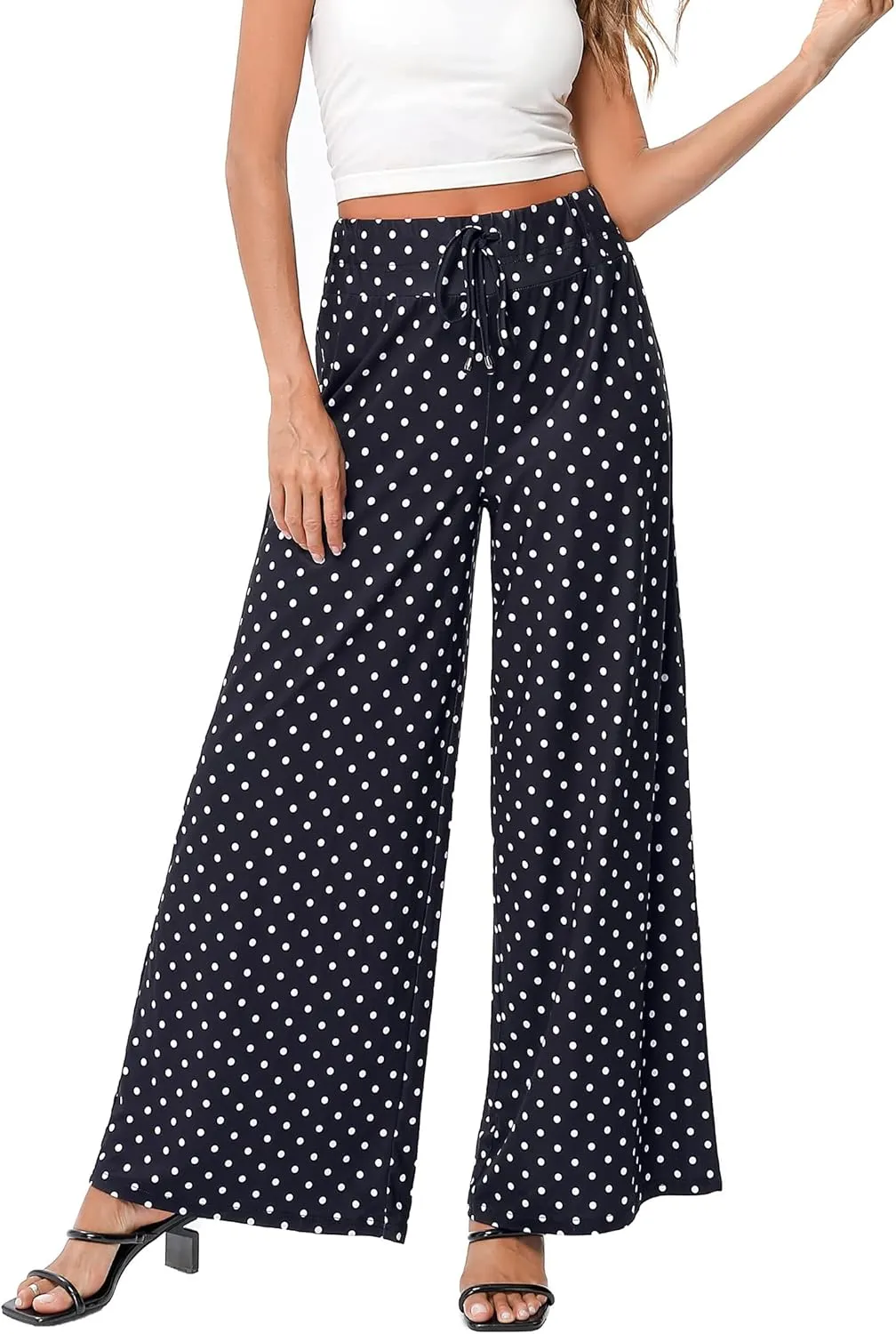 KOJOOIN Women's Wide Leg Pants Casual Palazzo Summer Flowy Pants Elastic High Waist Lounge Drawstring Long Trousers for Women