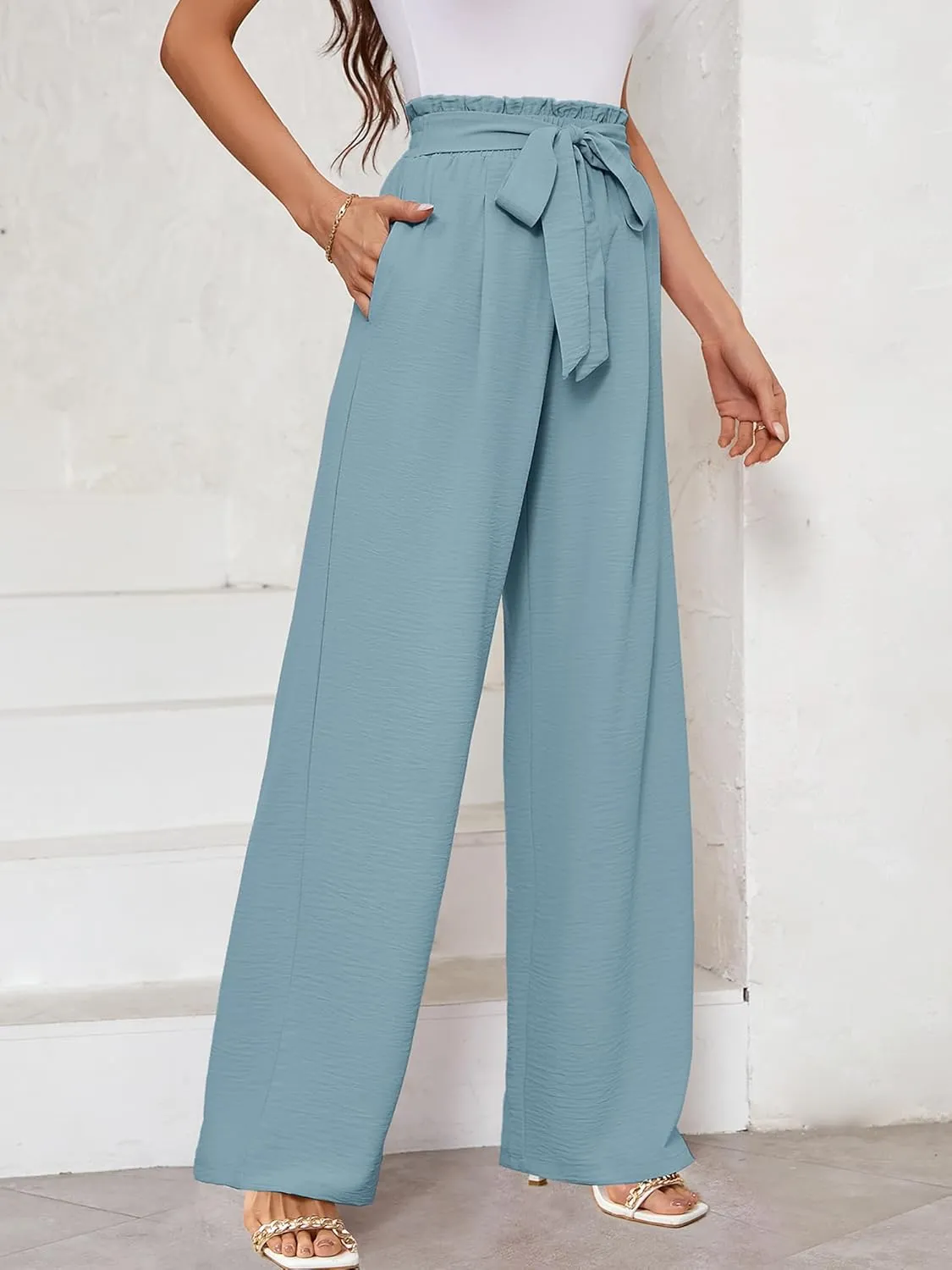 KORSIS Women's Wide Leg Lounge Pants Lightweight High Waisted Loose Work Elastic Trousers with Pockets (S-2XL)