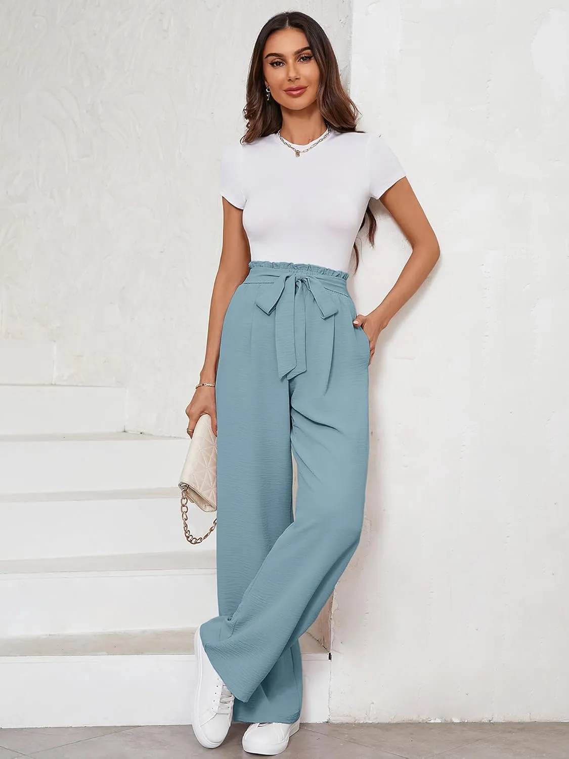 KORSIS Women's Wide Leg Lounge Pants Lightweight High Waisted Loose Work Elastic Trousers with Pockets (S-2XL)