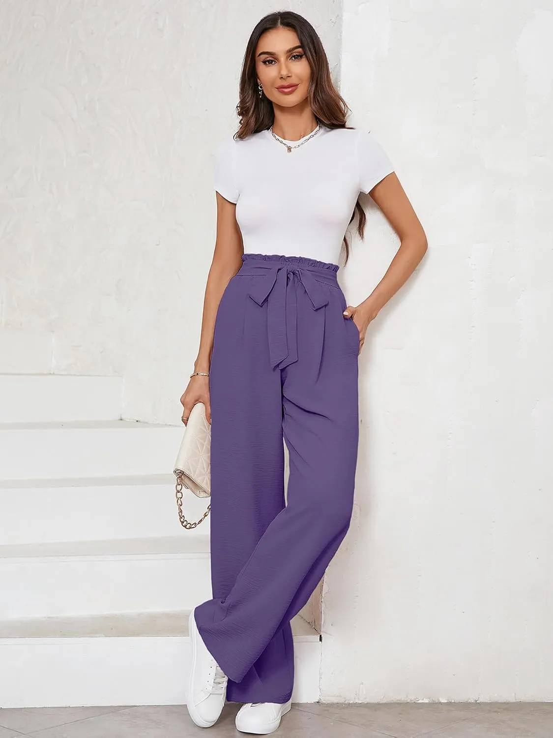 KORSIS Women's Wide Leg Lounge Pants Lightweight High Waisted Loose Work Elastic Trousers with Pockets (S-2XL)