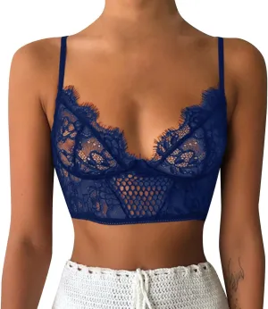 Lace Bralettes for Women, Deep V Plunge Bra Comfortable Convertible Strap Wire Free Criss Cross Back Bralette Crop Top