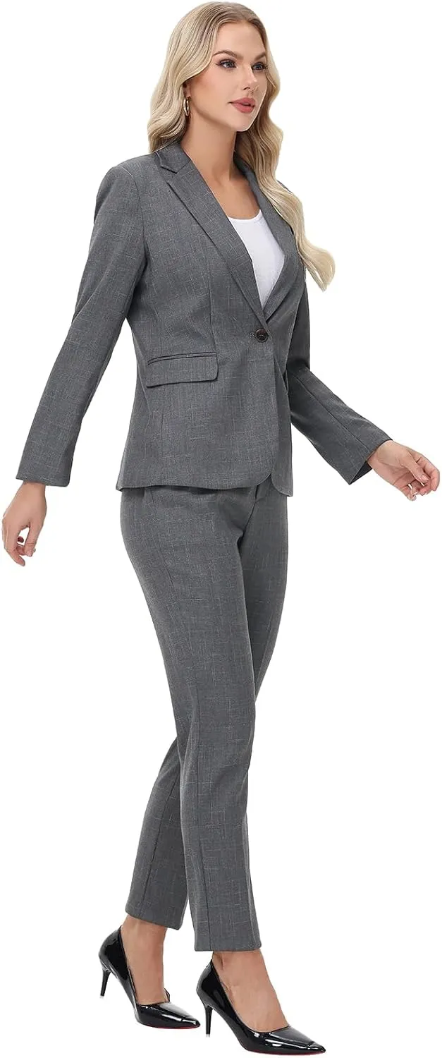 Lamgool Women's Suit Set 2 Piece Business Office Notch Lapel One Button Blazer and Pant Suit for Work