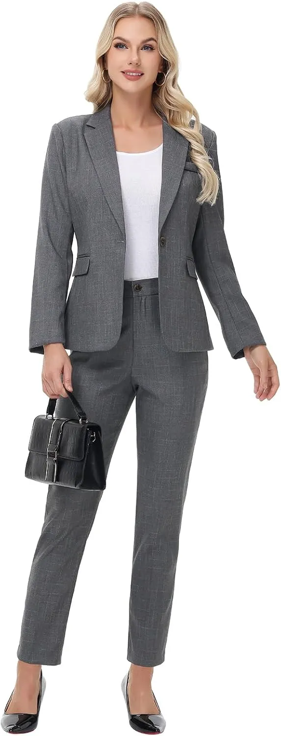 Lamgool Women's Suit Set 2 Piece Business Office Notch Lapel One Button Blazer and Pant Suit for Work