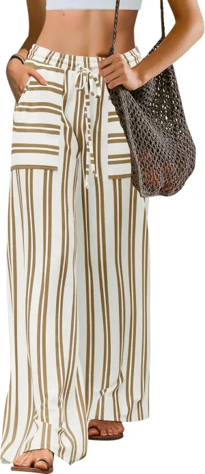 LAMISSCHE Womens Oversized Striped Wide Leg Pants High Waisted Lounge Pants Beach Trousers with Pockets