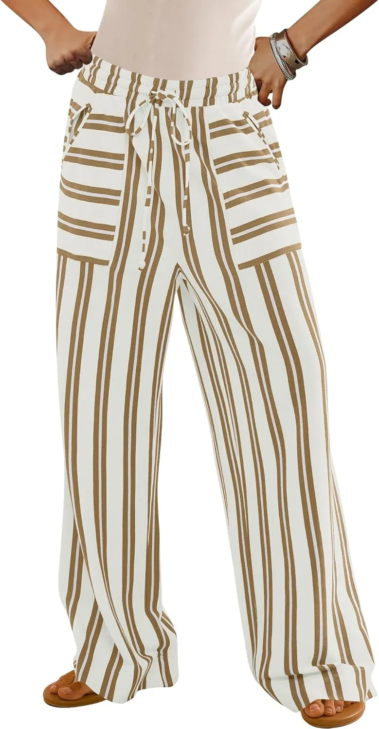 LAMISSCHE Womens Oversized Striped Wide Leg Pants High Waisted Lounge Pants Beach Trousers with Pockets