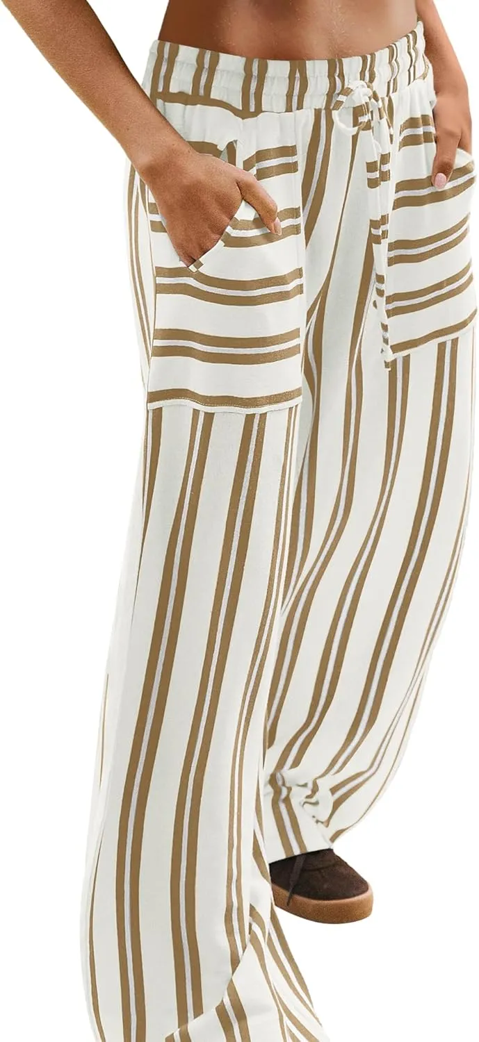 LAMISSCHE Womens Oversized Striped Wide Leg Pants High Waisted Lounge Pants Beach Trousers with Pockets