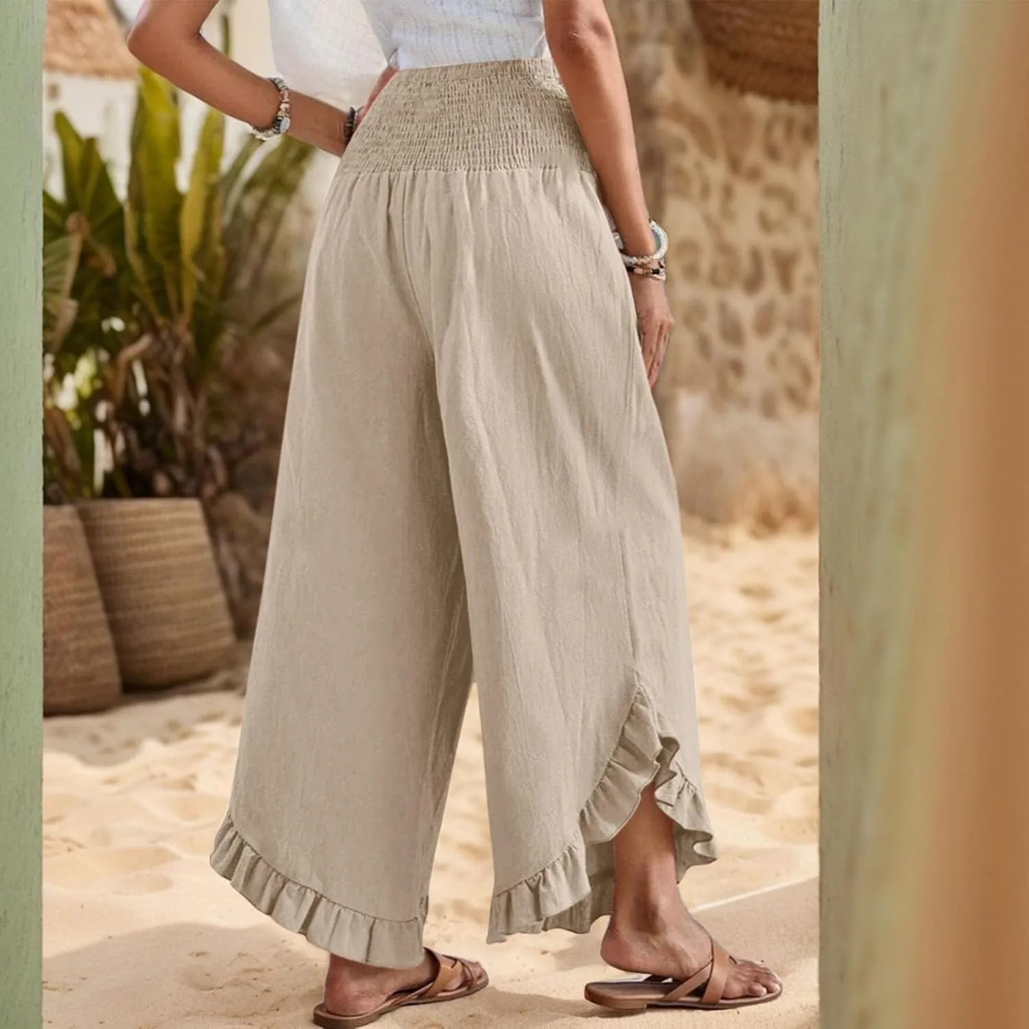 lcyhony Linen Pants Women Summer Palazzo Smocked Waist Ruffle Hem Wide Leg Pants Baggy Flowy Vacation Beach Pant with Pockets